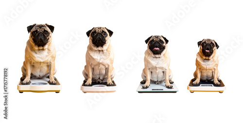 Pug dogs sitting on scales for weight management in transparent PNG image