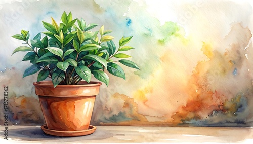 Watercolor Botanical Still Life of Potted Plant