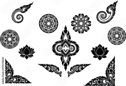  Geisha silhouette in elegant kimono, cherry blossoms, and wave patterns, black and white vector art for stock.