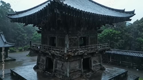 Heavy Rain Falling on an Ancient Traditional East Asian Temple Building with Intricate Architecture in a Serene Natural Setting