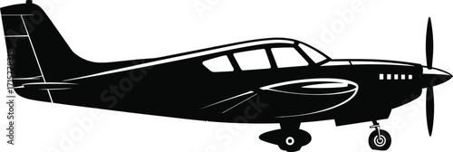 Tableau sur toile Silhouette of a small propeller airplane, side view, single-engine aircraft, aviation, flying, travel, vintage plane, black and white vector illustration