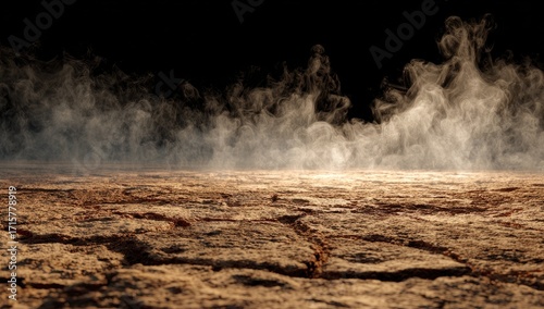 Dried, cracked earth surface with smoky haze