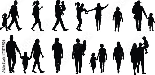 Family silhouette set, black and white illustration, adult and child interaction, walking together, parenting moments, emotional bonding graphic pack