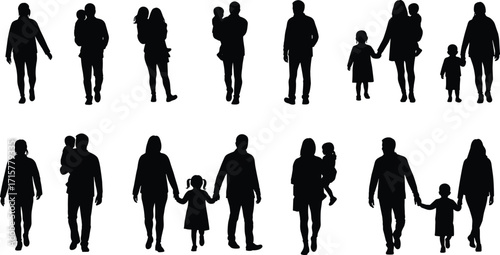 Parent and child silhouettes, black and white illustration, family interaction poses, caregiving concept, walking together, emotional bonding graphic set