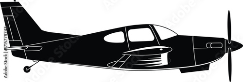 Small propeller airplane silhouette, single-engine light aircraft vector, aviation icon, private plane, flight, travel, transportation illustration.