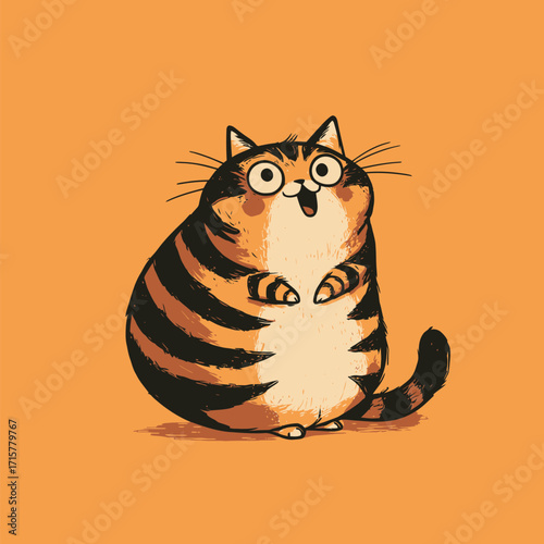 A playful and adorable cartoon cat with striped fur and big eyes stands on its hind legs against a bright orange background, displaying a joyful expression.