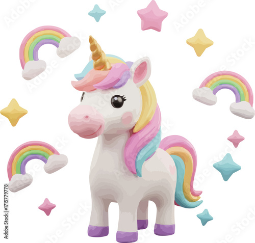 3D Cartoon Unicorn with Fantasy Reaction Icons