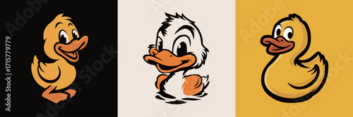Three cartoon ducks display playful expressions against vibrant backgrounds.