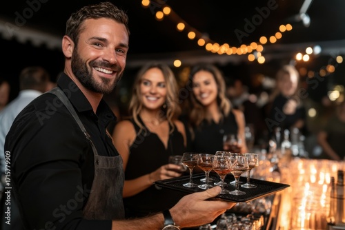 Smiling bartender serving drinks at a lively bar party