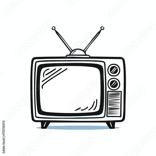 Illustration of a vintage television with rabbit ear antenna on a white background.