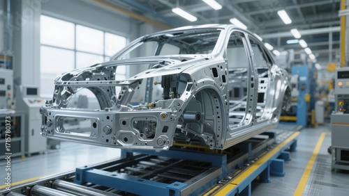 Car chassis assembly in a modern automotive manufacturing facility
