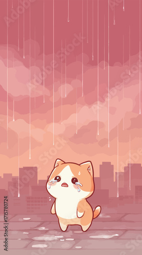 A sad cat is caught in the rain, with tears rolling down its cheeks. The city skyline serves as a backdrop, illuminated by a colorful sky during sunset.
