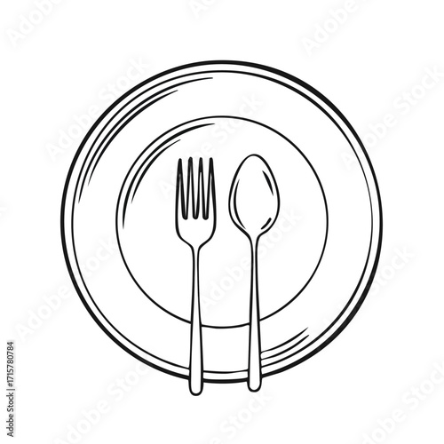Illustration of a plate with a fork and spoon on it.