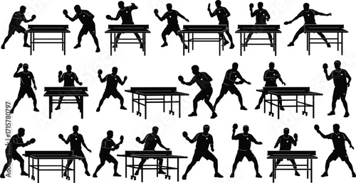 Table tennis silhouette bundle, black and white illustration, ping pong players action, paddle and ball, dynamic sports movement set
