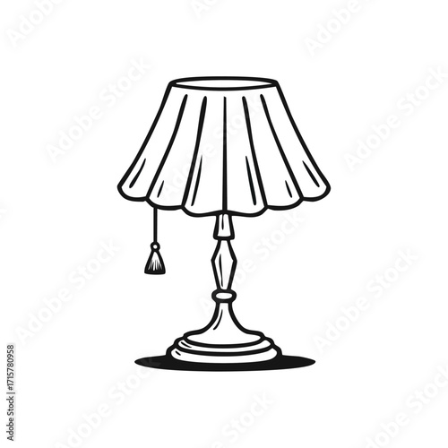 Illustration of a table lamp with a lampshade and a tassel.