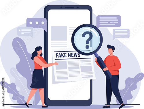Fake News Detection Illustration with People Using Smartphone, Magnifying Glass, and Question Mark Symbol Representing Media Misinformation
