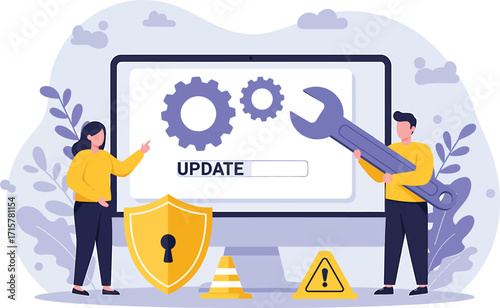 System Update and Computer Maintenance Illustration with Security Shield, Warning Symbols, and Technical Support Team Fixing Software
