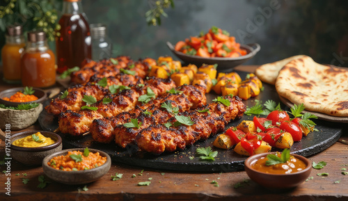 Delicious Grilled Chicken Skewers with Sides and Indian Flatbread