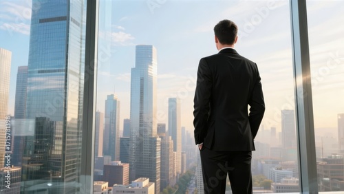 Man in suit standing by window overlooking city skyline