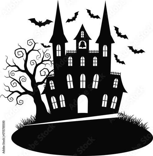 Haunted house silhouette, Halloween scene, spooky mansion, flying bats, twisted tree, eerie night, black and white illustration, ghostly atmosphere