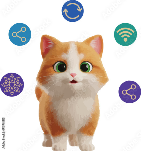 3D Cartoon 3D Cartoon Cat with Social Media Share IconsGirl with Decorative Pattern Icons