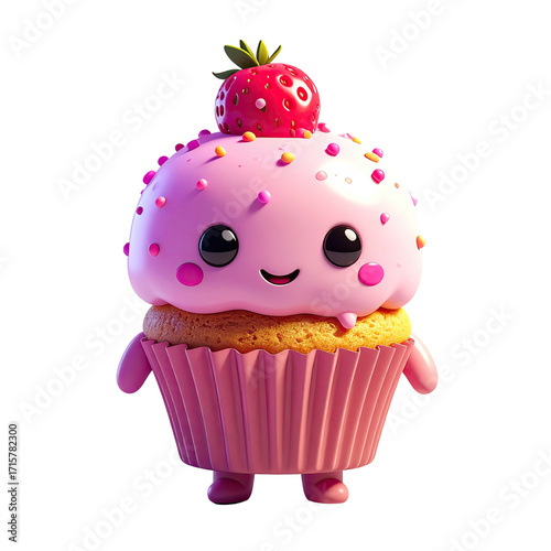Cute pink cupcake character with a strawberry and sprinkles