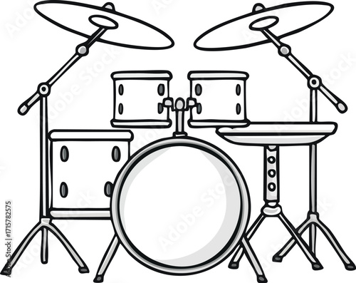 Cartoon illustration of a drum set with cymbals and various drums.