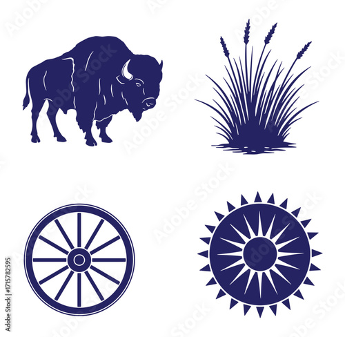 Vector illustration of american west icons featuring bison wheat wagon wheel and sun symbol