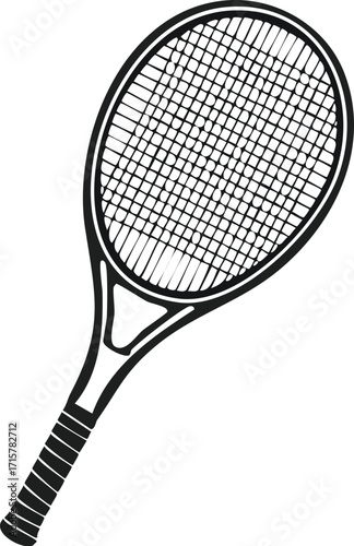 Illustration of a tennis racket with strings and grip.