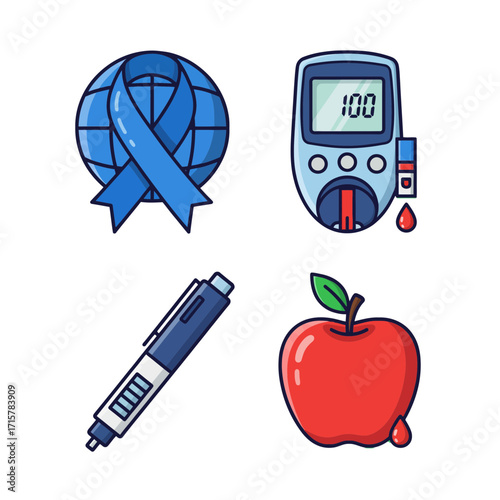 Diabetes Awareness Vector Set Glucometer, Insulin Pen, Apple, and Ribbon