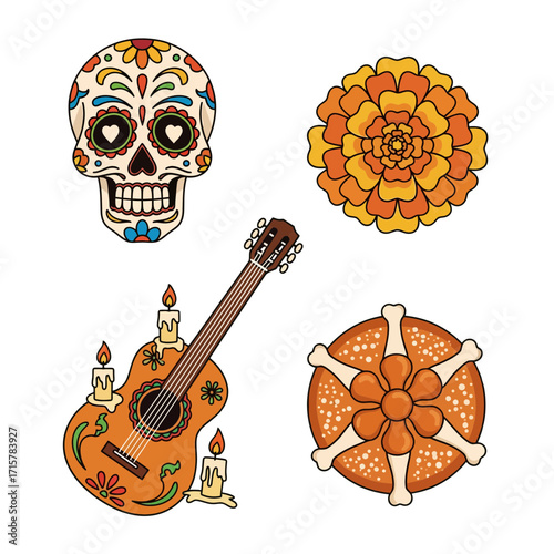 Dia de Muertos Sugar Skull, Marigold, Guitar, and Bread