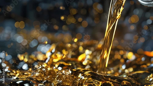 Car motor oil background, pouring liquid fuel bubble,