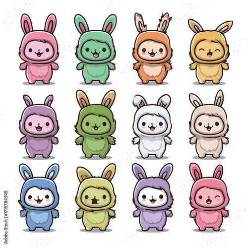 A group of adorable animal characters dressed in vibrant costumes stands together, displaying cheerful faces.