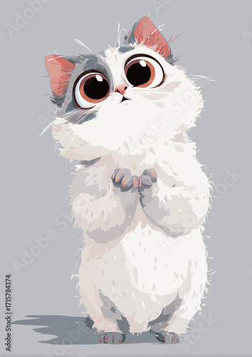 A fluffy white cat with large expressive eyes stands with its paws together as if asking for attention. The setting is neutral, enhancing its adorable characteristics.