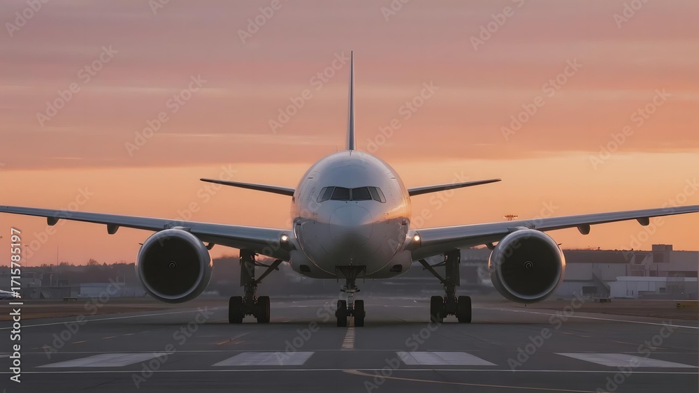 Naklejka premium Commercial airplane on runway during sunset