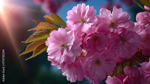 Sun shining through treetops with lens flare concept. Blossoming pink cherry flowers under warm sunlight in nature.