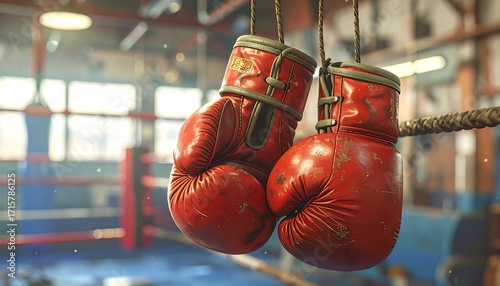 Vintage boxing gloves hanging in a dusty gym arena