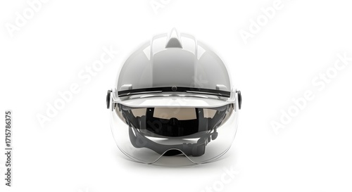 Front view of a modern white safety helmet with integrated clear face shield, designed for construction, industrial, and engineering environments to provide head and facial protection for workers on s