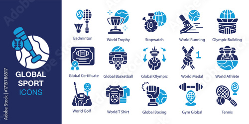 Global Sport icon set. Containing match, competition, football, sports, ball and more. Solid vector icons collection. Vector illustration.
