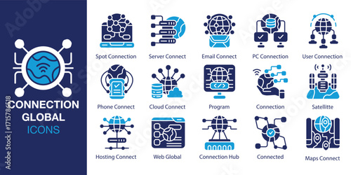 Connection Global icon set. Containing data, worldwide, connect, web, earth and more. Solid vector icons collection. Vector illustration.