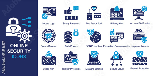 Online Security icon set. Containing internet, network, cyber, digital, virus and more. Solid vector icons collection. Vector illustration.