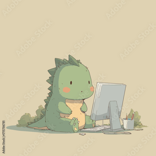A charming dinosaur character sits on the floor, focused on a computer screen. The setting is minimalistic, with a pencil holder nearby and plants in the background.