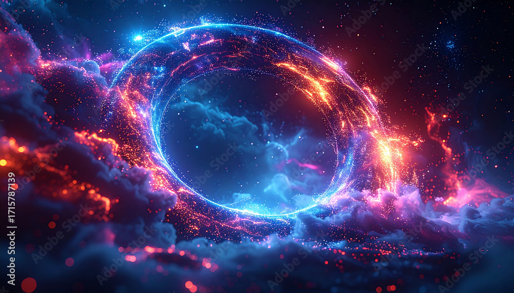 Fototapeta premium Ethereal Neon Ring with Particles and Clouds in Space
