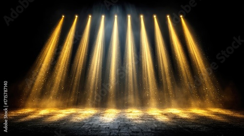 Golden stage glitter sparkles under bright spotlights concept. Dynamic light rays create an artistic and dramatic stage effect.