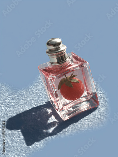 A perfume bottle containing a fresh strawberry inside sits against a cool blue background. Whimsical fruit-infused fragrance concept with surreal aesthetic.