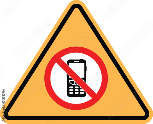 Yellow triangular warning sign with a black border, featuring a red circle with a diagonal line over a black mobile phone icon, indicating no mobile phones allowed.