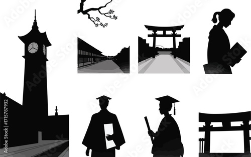 Asian Architecture and Graduation Silhouettes Featuring Pagodas, Students, and Clock Towers