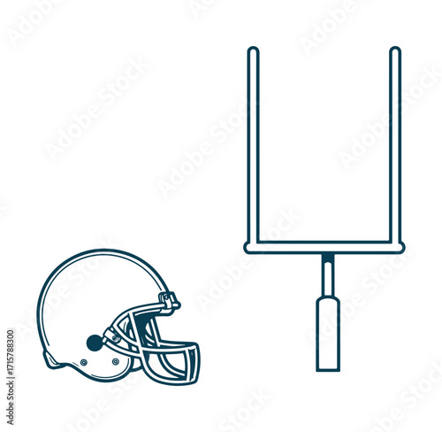 American football illustration featuring a helmet and goalpost outline on a white background