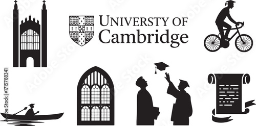Cambridge University Icons Black Silhouette on Transparent Background Higher Education Symbols Set