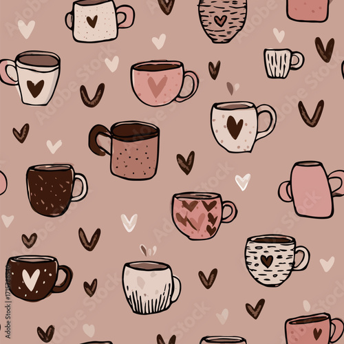 Wallpaper Mural A delightful array of cute coffee mugs featuring heart designs scattered across a soft brown backdrop. Perfect for tea or coffee lovers. Torontodigital.ca